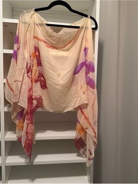 Light Cream Floral Sheer Scarf with Pink & Purple Accents